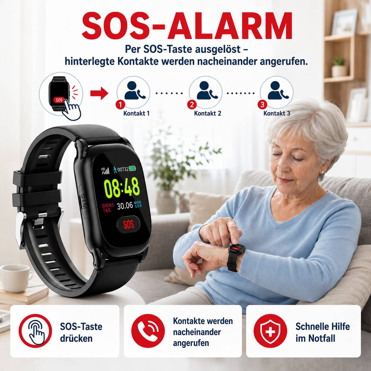 Werbegrafik einer Smartwatch-Notruf-Funktion: Das Drücken der Notruftaste ruft nacheinander die Kontakte 1, 2 und 3 an, mit einer Frau, die die Uhr benutzt, und Symbolen für Nothilfe.