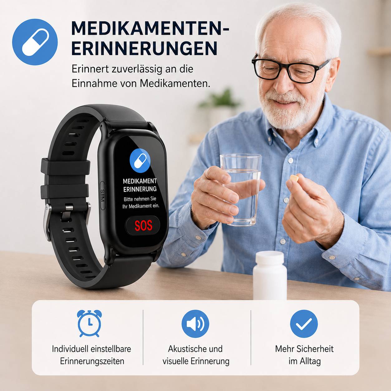 Werbebild für Medikamentenerinnerungen: Ein älterer Mann nimmt Pillen neben einer Smartwatch, die „MEDIKAMENT ERINNERUNG" und SOS anzeigt; der Text besagt zuverlässige Medikamenteneinnahme und hebt anpassbare, akustische und visuelle Erinnerungen für die Sicherheit hervor.