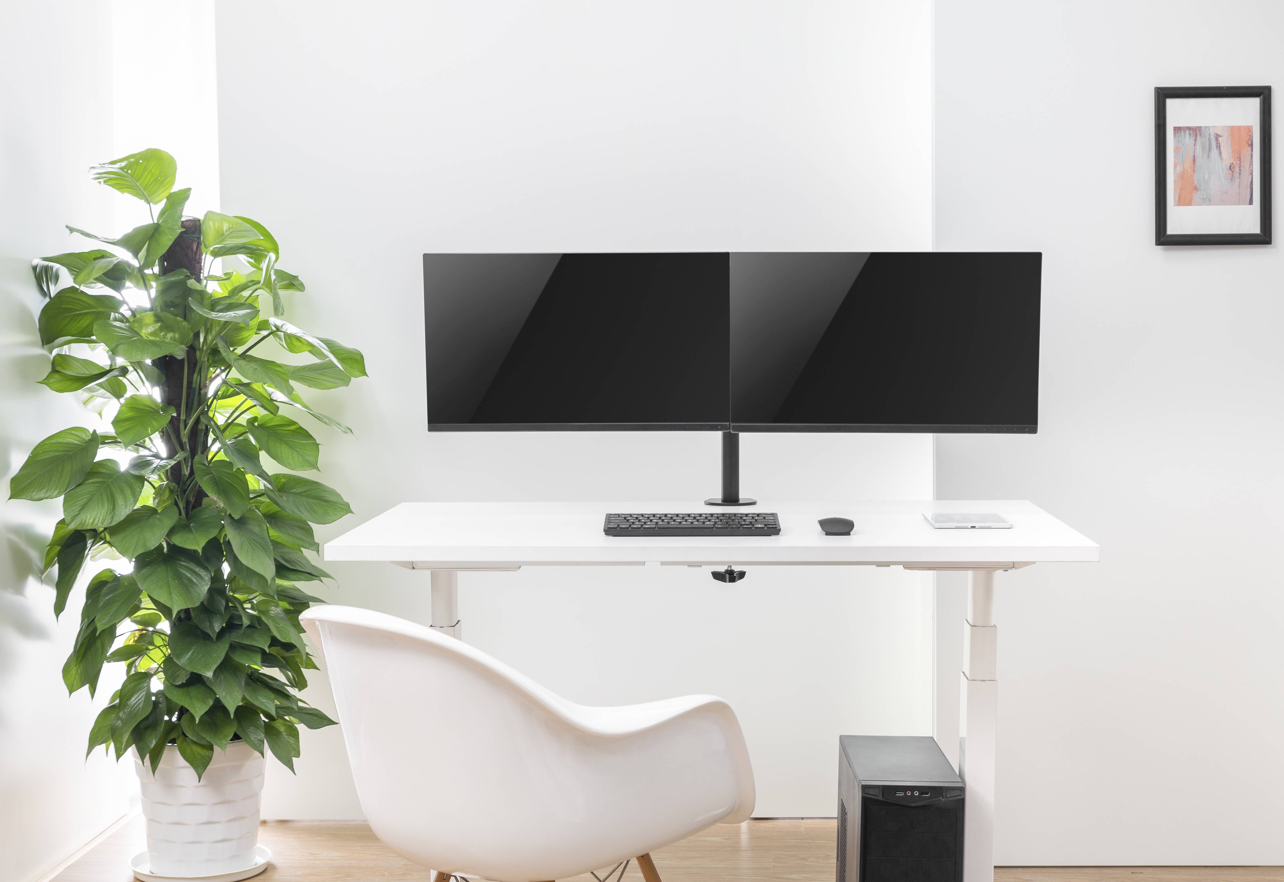 Minimalistisches Homeoffice mit zwei Monitoren auf einem weißen Schreibtisch, Tastatur, Maus, Stuhl und Topfpflanze vor einer hellen Wand.