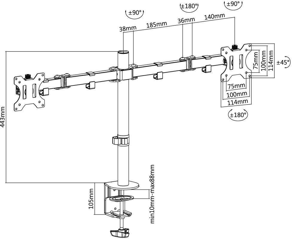 Mechanisches Diagramm einer Dual-Monitor-Tischmontage mit Stange und Klemmenbasis, das Armlängen, Höhe und Kipp-/Drehrotationsdimensionen zeigt.
