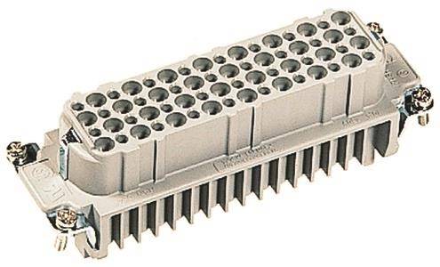 Rechteckiger mehrpoliger elektrischer Stecker mit zwei Reihen von Buchsenöffnungen und metallischen Verriegelungsseiten, gezeigt auf weißem Hintergrund.
