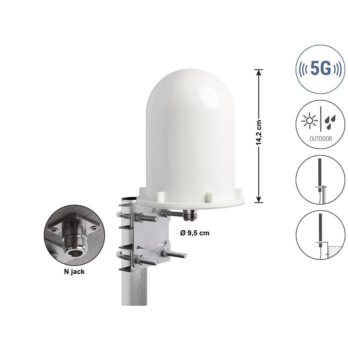 Weiße Outdoor-5G-Antenne auf Masthalterung mit N-Buchse-Anschluss und Größenangaben von 14,2 cm Höhe und 9,5 cm Durchmesser.