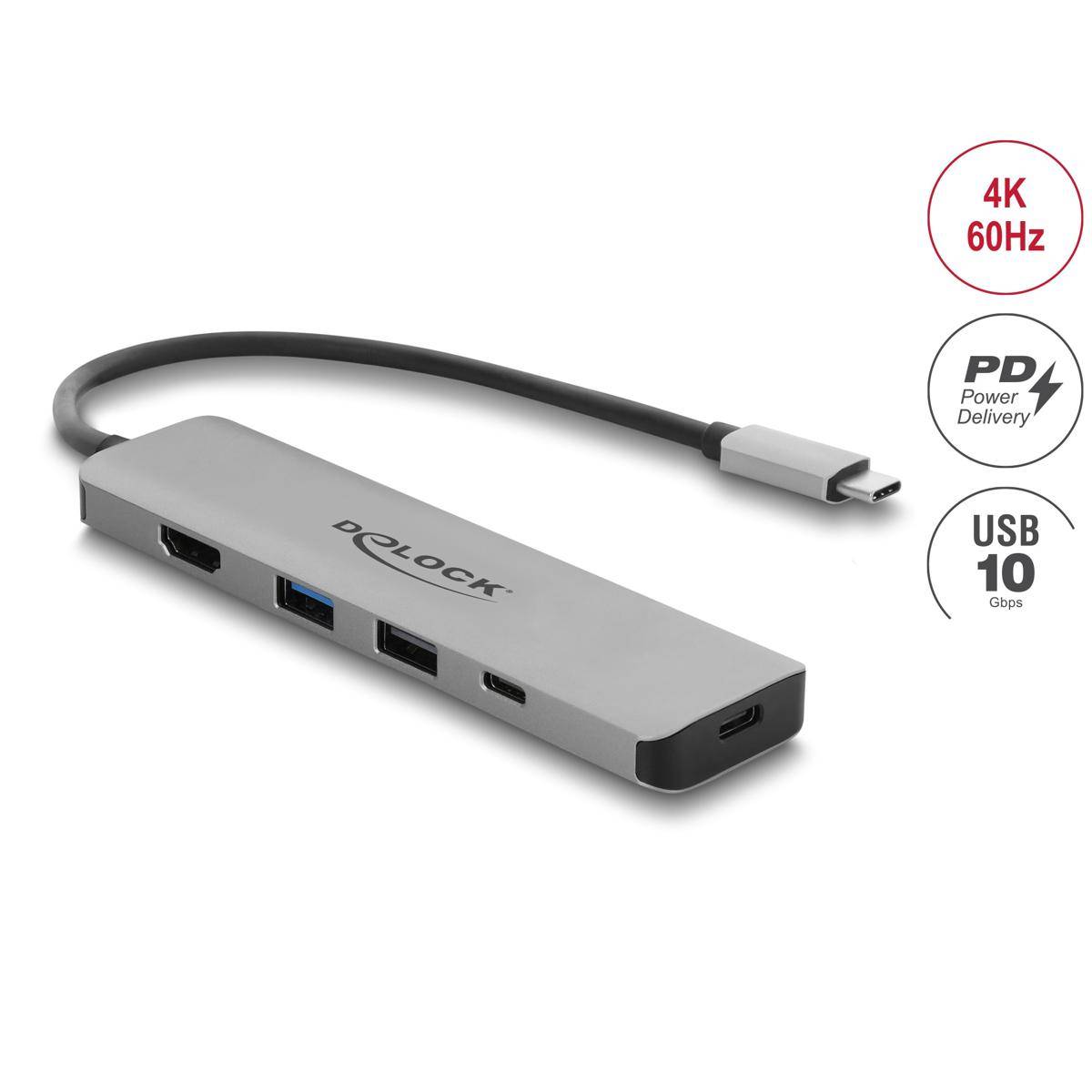 USB-C-Hub mit HDMI, USB-A, USB-C und USB-C PD-Durchleitung; Abzeichen deuten auf 4K 60Hz und 10Gbps USB-Unterstützung hin.