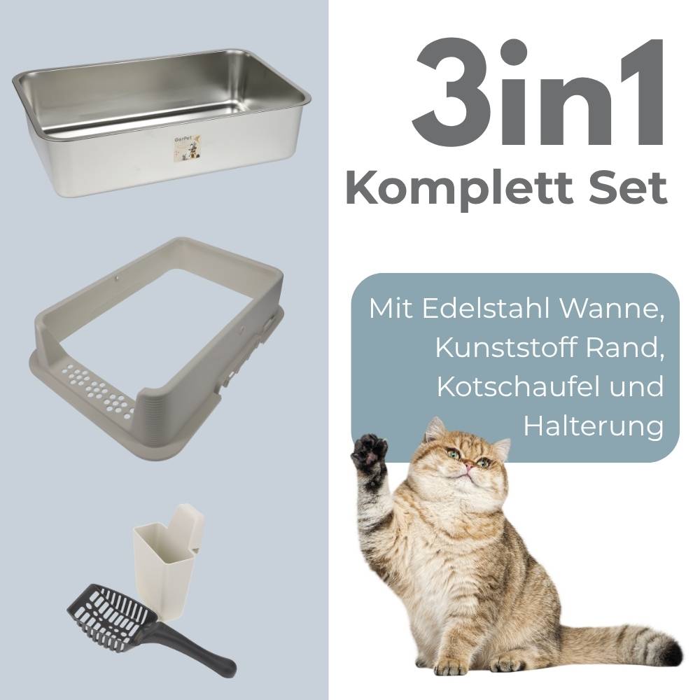 Edelstahl Katzenklo XXL Katzentoilette Edelstahl Katzenklo hoher Rand Wanne Metall Offen Katzen WC Geruchsarm Katzentoilette mit Schaufel Katzen