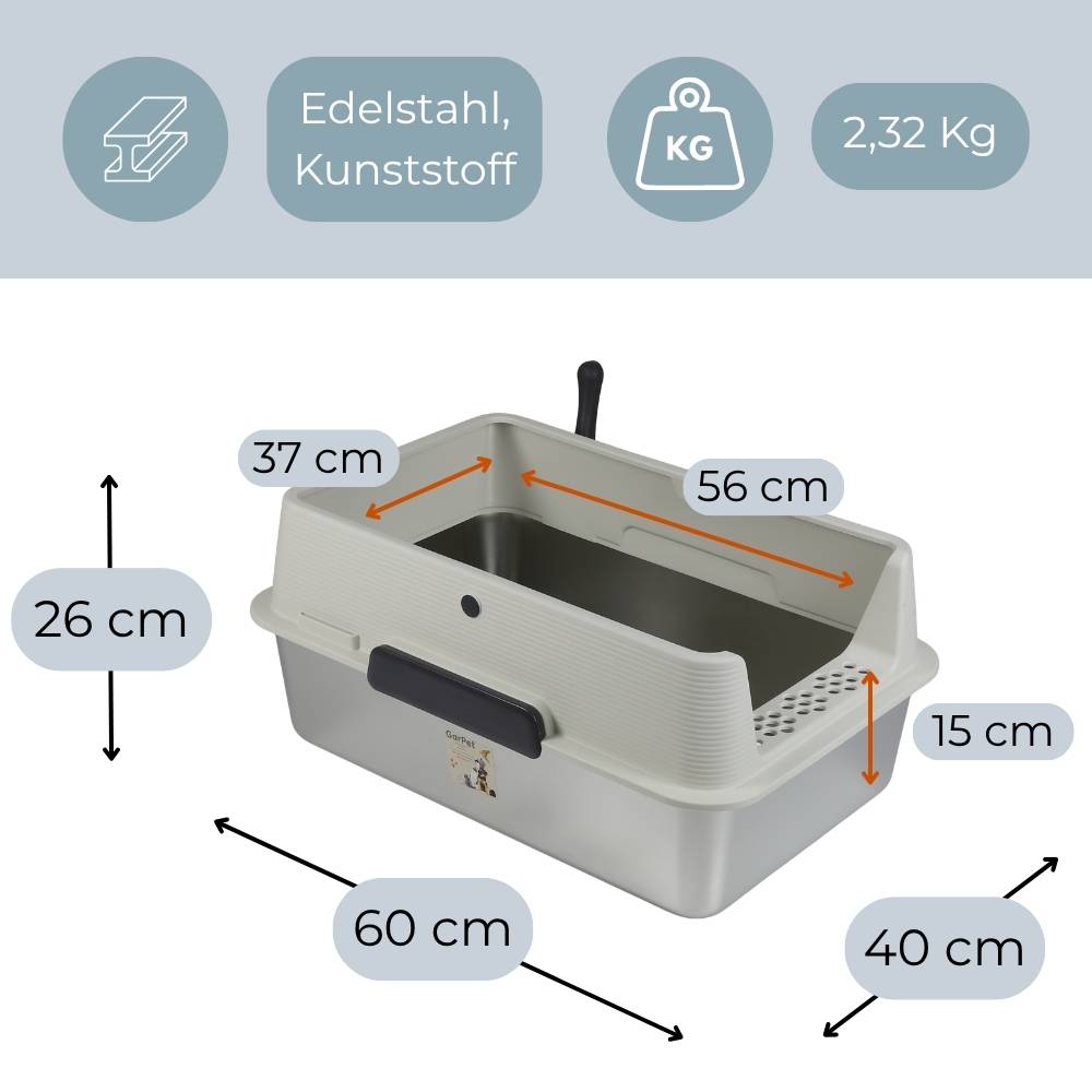 Produktdimensionen Grafik für eine Katzenstreu-Box: 60 cm lang, 40 cm breit, 26 cm hoch; innere Öffnung 56 cm x 37 cm, Seitenhöhe 15 cm. Edelstahl und Kunststoff, 2,32 kg.
