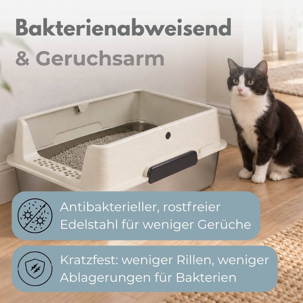Katzenklo Edelstahl Hoher Rand Katzentoilette Edelstahl Wanne mit Spritzschutz Katzenklo Groß Metall Katzen WC Geruchsarm Katzentoilette Offen