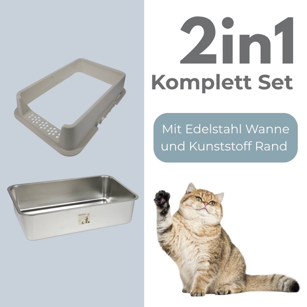 Katzenstreu-Box-Set mit Kunststoffrand und Edelstahlwanne, gekennzeichnet als „2in1 Komplett Set" und „Mit Edelstahl Wanne und Kunststoff Rand"