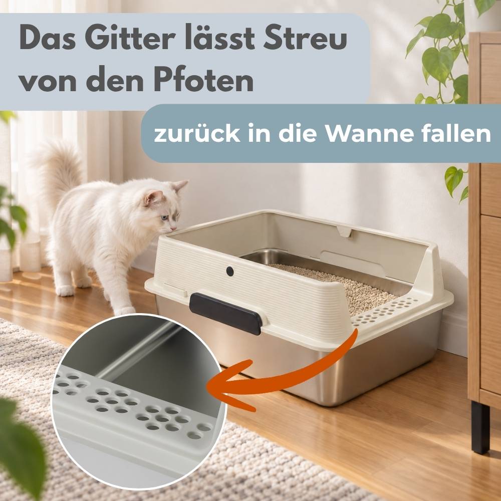 Das Gitter lässt Streu von den Pfoten zurück in die Wanne fallen.