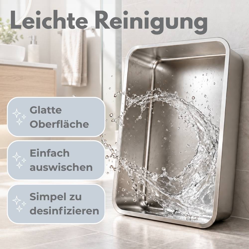 Edelstahlspülbecken mit Wasserspritzer und Text „Leichte Reinigung", „Glatte Oberfläche"", „Einfach auswischen"", „Simpel zu desinfizieren"