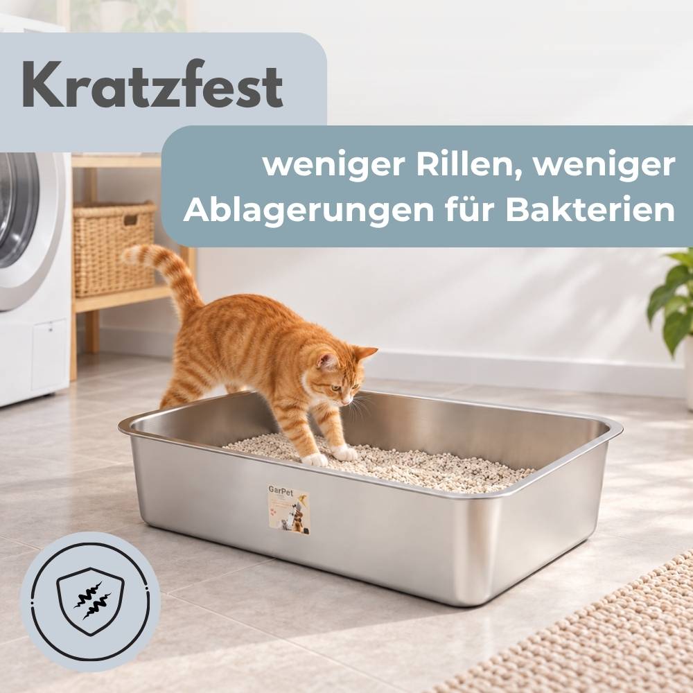 Orangefarbene Katze mit einer Edelstahl-Katzentoilette, mit deutschem Text „Kratzfest" und „weniger Rillen, weniger Ablagerungen für Bakterien"", das die Kratzerbeständigkeit und Hygiene hervorhebt.