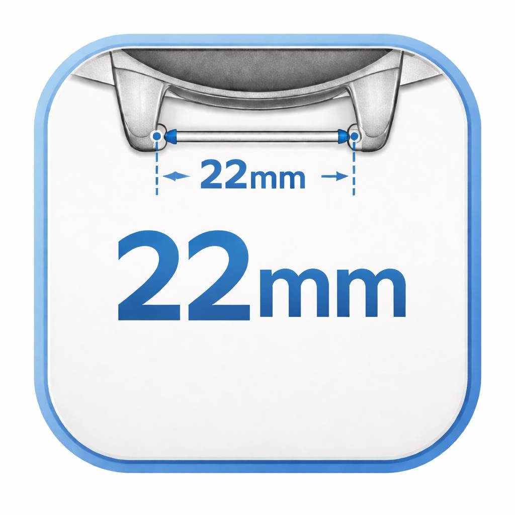Abbildung einer Metallklammer oder eines Metallbügels mit einer Breitenmessung von 22 mm, wobei "22 mm"" in Blau gekennzeichnet ist.