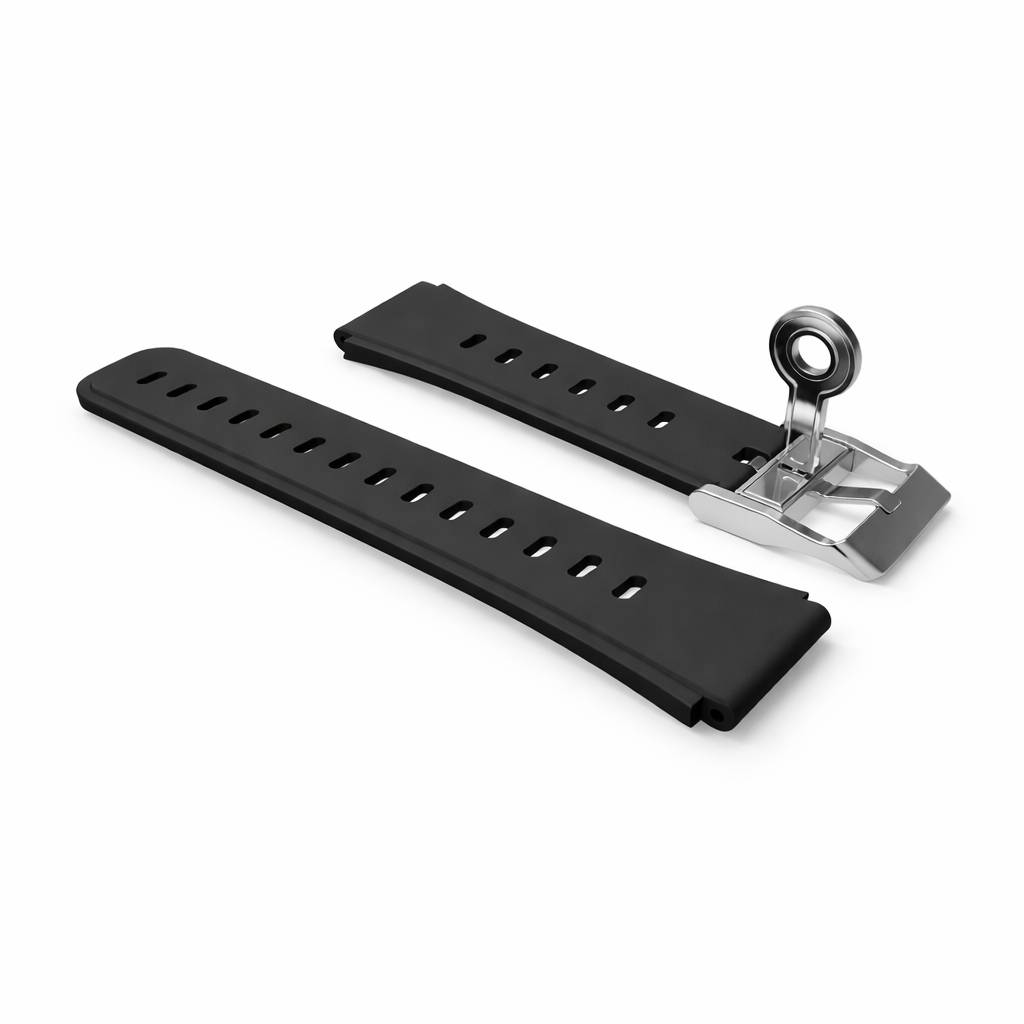 Zwei schwarze Uhrenarmbänder und eine silberne Spannschnalle auf weißem Hintergrund, dargestellt als Produktbild.