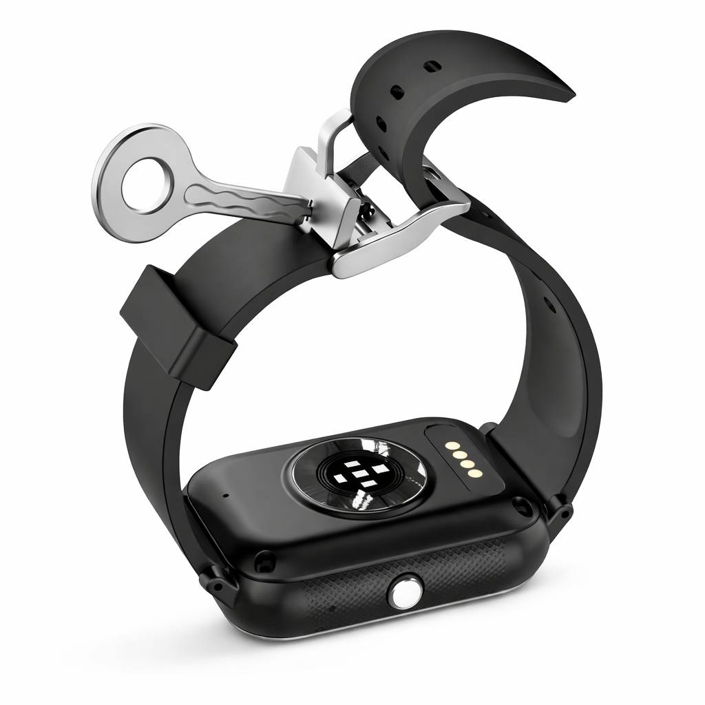 Eine schwarze Smartwatch mit einem aufklappbarem Clamshell-Design und freiliegender silberner Krone, dargestellt vor einem weißen Hintergrund.