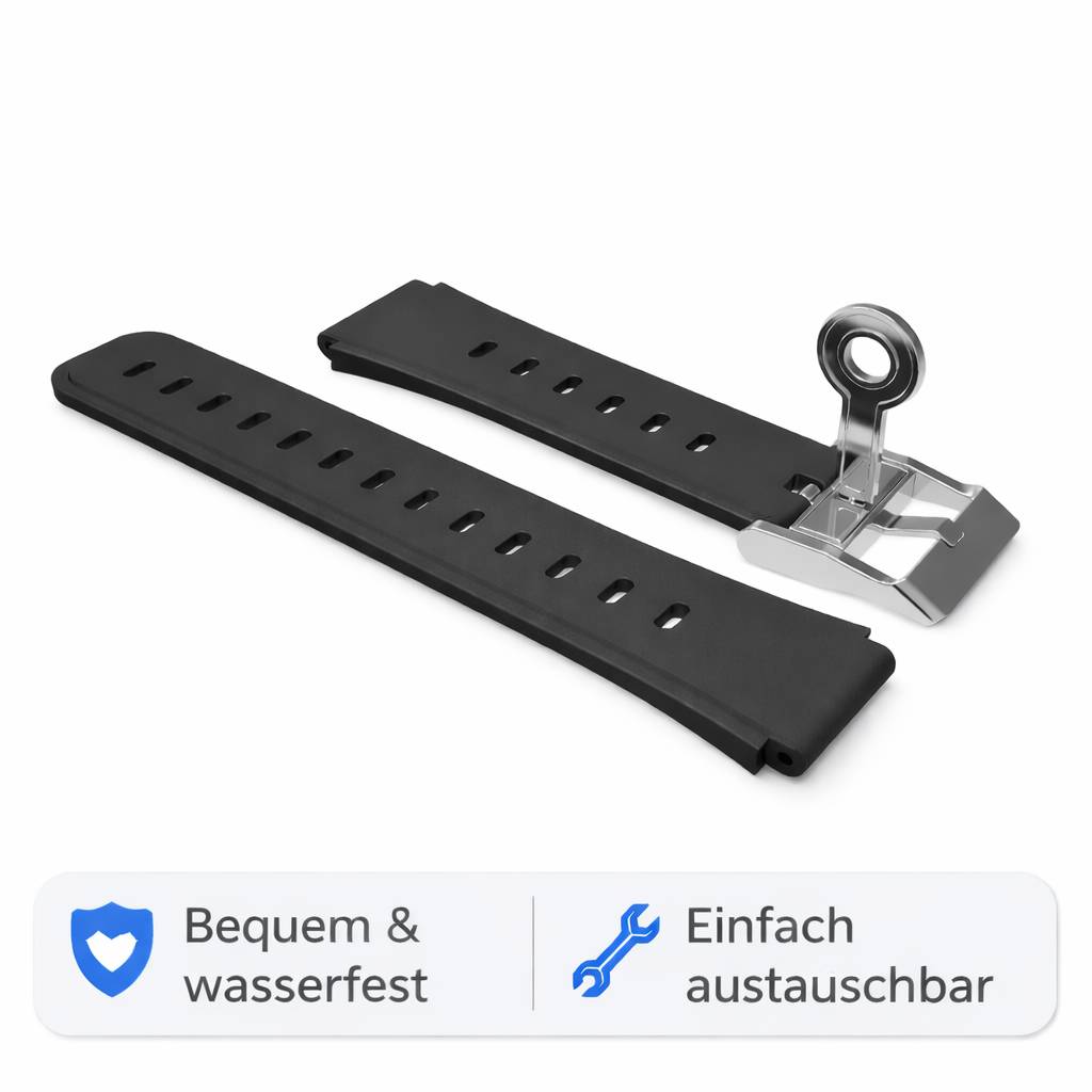 Schwarzes verstellbares Uhrenarmband-Ersatzteil mit Metallverschluss, gezeigt mit deutschen Etiketten „Bequem & wasserfest" und „Einfach austauschbar"".