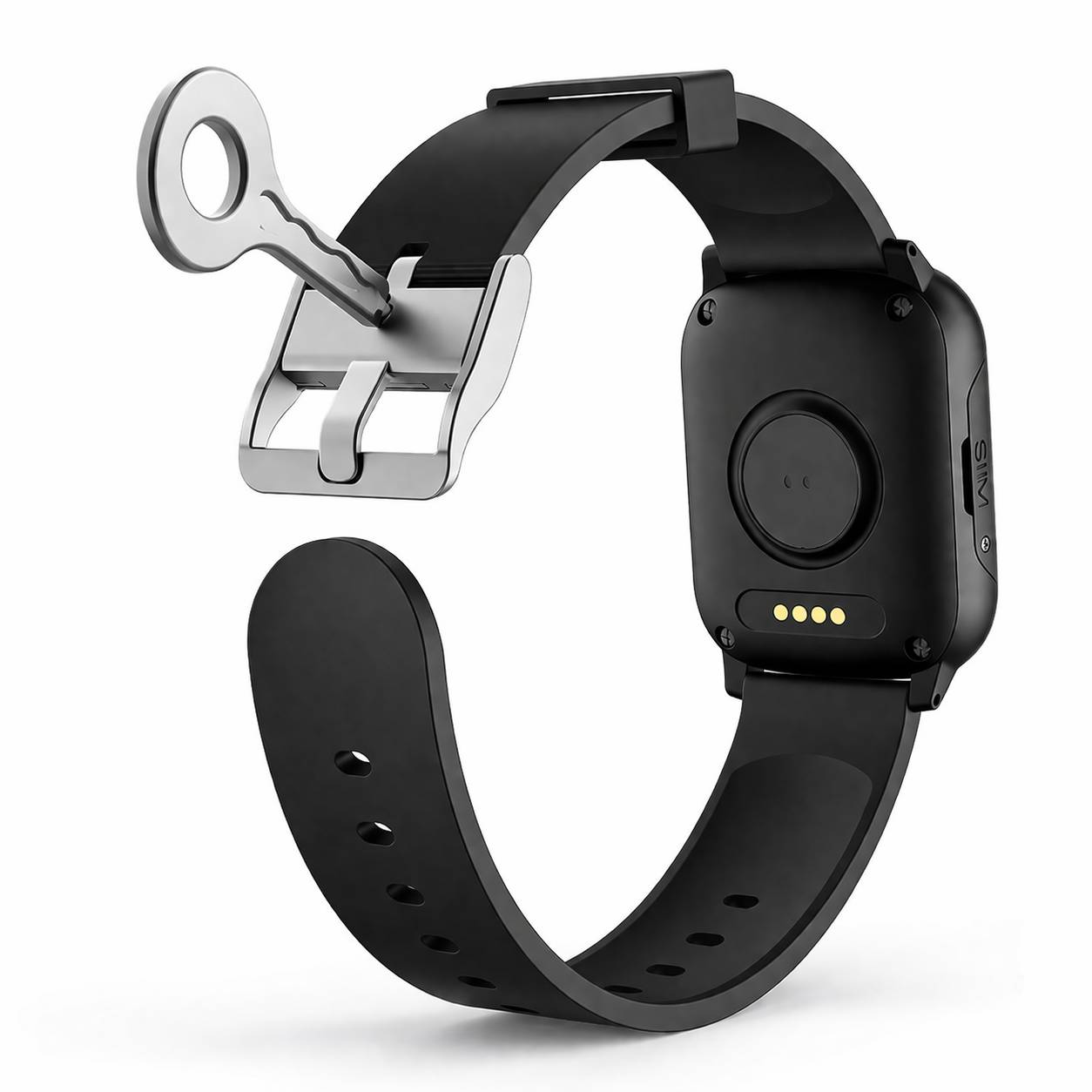Schwarze Smartwatch mit einem klappbaren Metallschlüsselverschluss, dargestellt als tragbares Sicherheitsgerät mit einem in die Schließe eingeführten Schlüssel