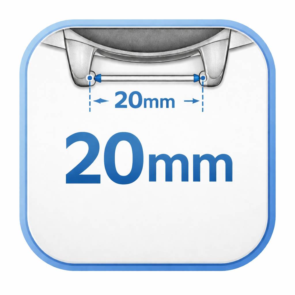 Diagramm, das eine 20-mm-Breitenmessung über einen Riemen oder Griffbefestigungspunkt zeigt, mit "20mm"" in Blau beschriftet.