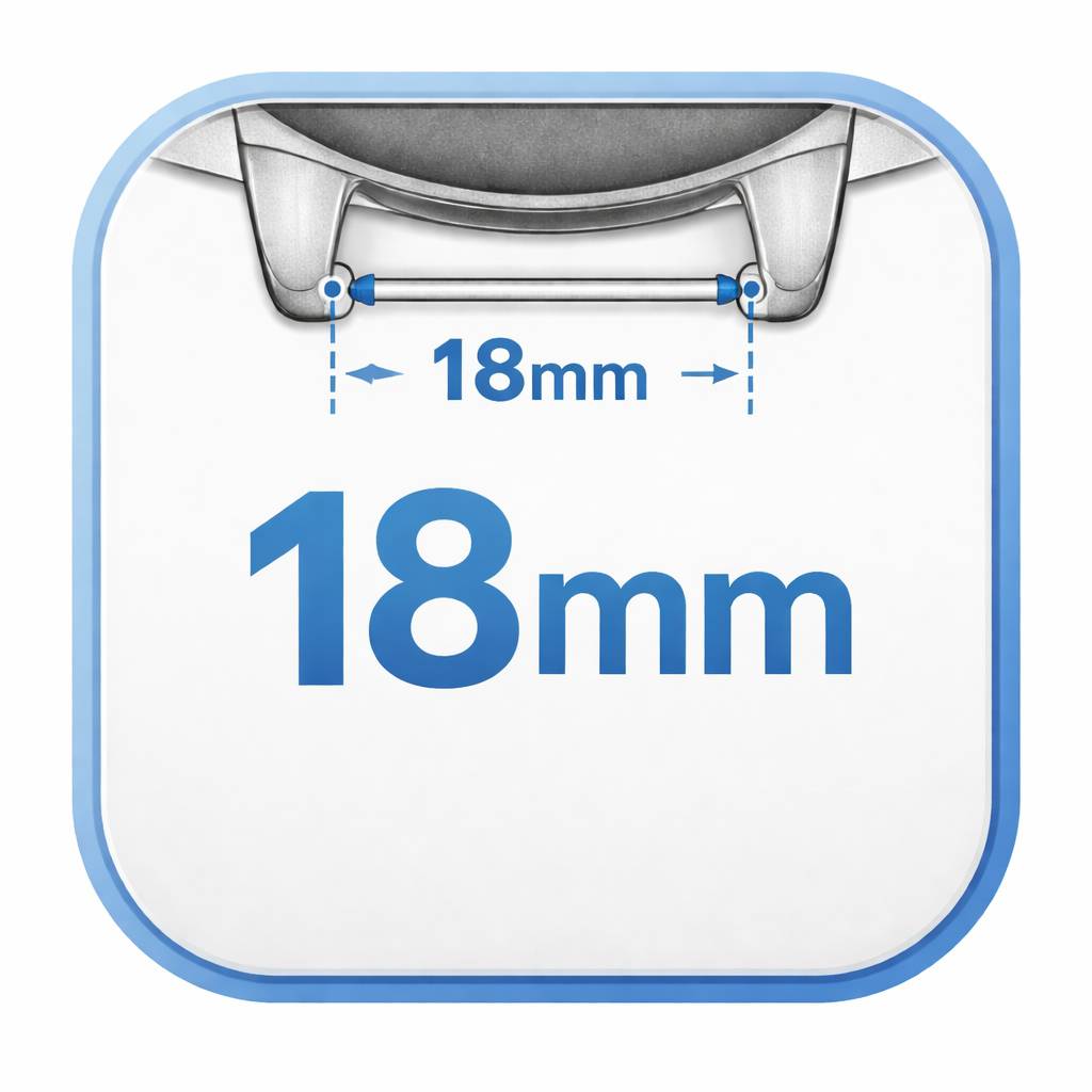 Illustration zeigt eine Armbandschließe mit einer Breitenmessung von 18 mm, beschriftet mit "18 mm"" in Blau.