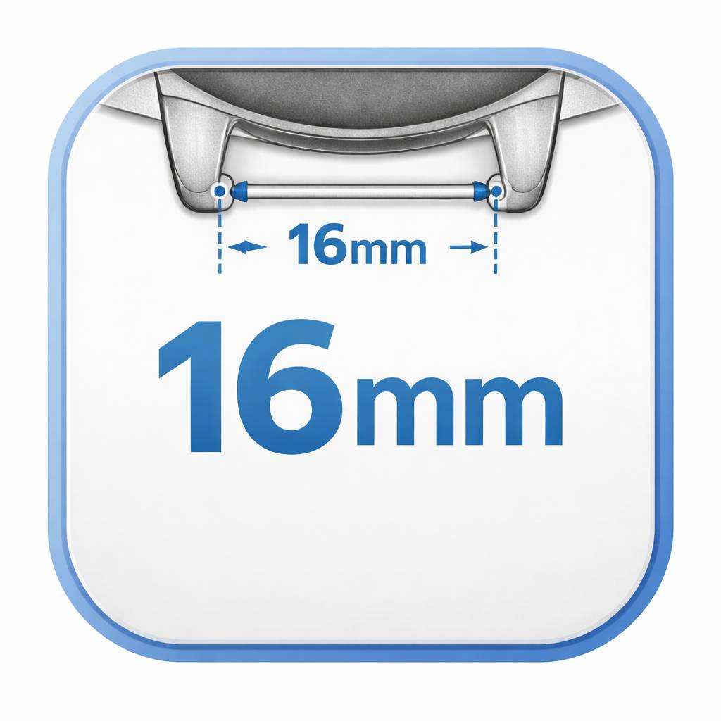 Messsymbol zeigt eine Vorhängeschlossbügel-Breite von 16 mm in blauer Schrift und Pfeilen.