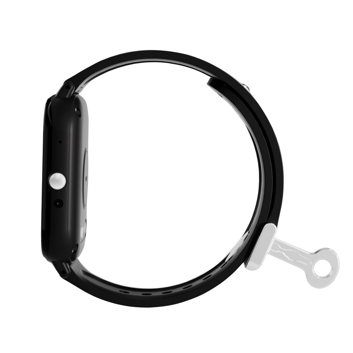 Seitenansicht einer schwarzen Smartwatch mit rundem Zifferblatt, schwarzem Armband und silbernem Verschluss auf weißem Hintergrund.