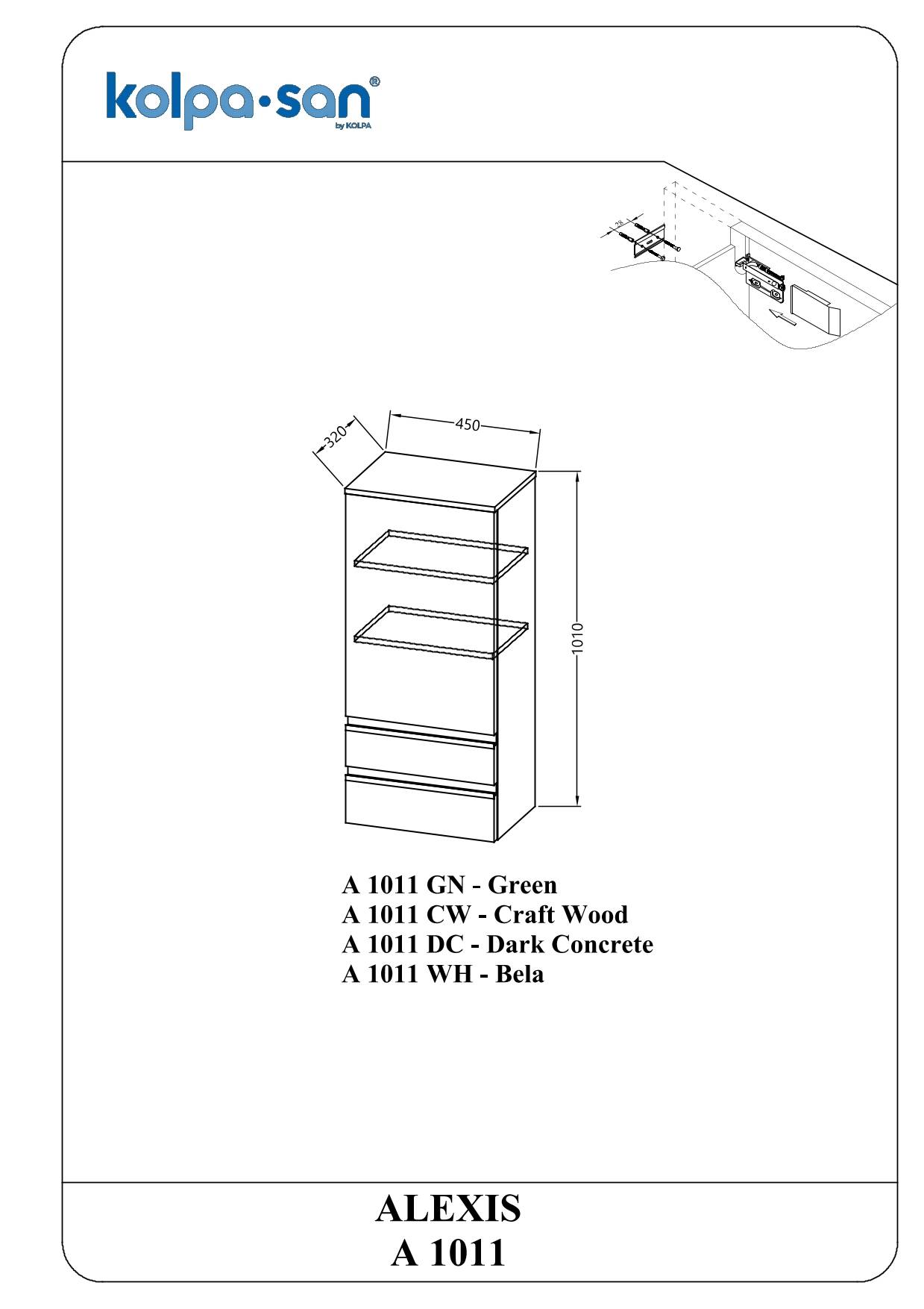 Produktdiagramm des Kolpa-San ALEXIS A 1011 Wandschranks mit Abmessungen und vier Ausführungsvarianten: Grün, Handwerkholz, Dunkelbetonoptik und Weiß.