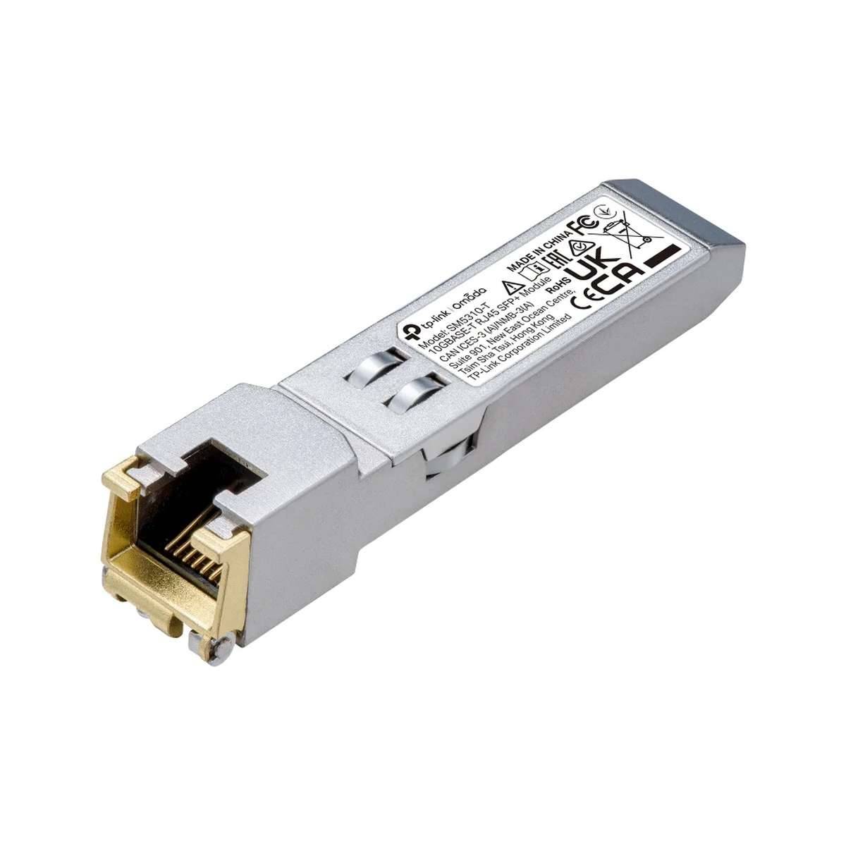Silbernes SFP-Transceiver-Modul mit RJ45-Ethernet-Anschluss auf weißem Hintergrund.