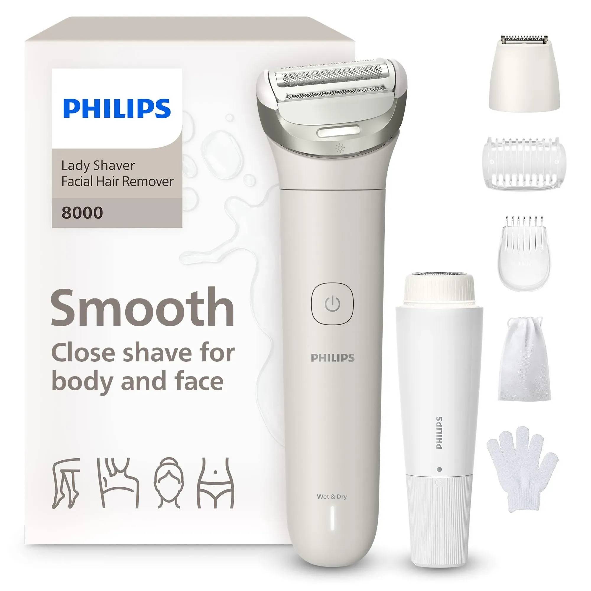 Philips Lady Shaver 8000 Verpackung und Gerät, mit der Bezeichnung „Smooth Close Rasur für Körper und Gesicht