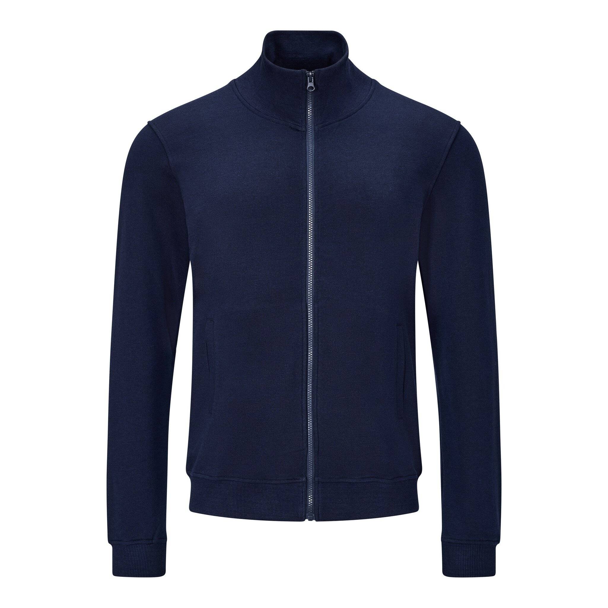 Marineblaue Reißverschlussjacke mit hohem Kragen und langen Ärmeln, frontal vor einem schlichten weißen Hintergrund dargestellt.