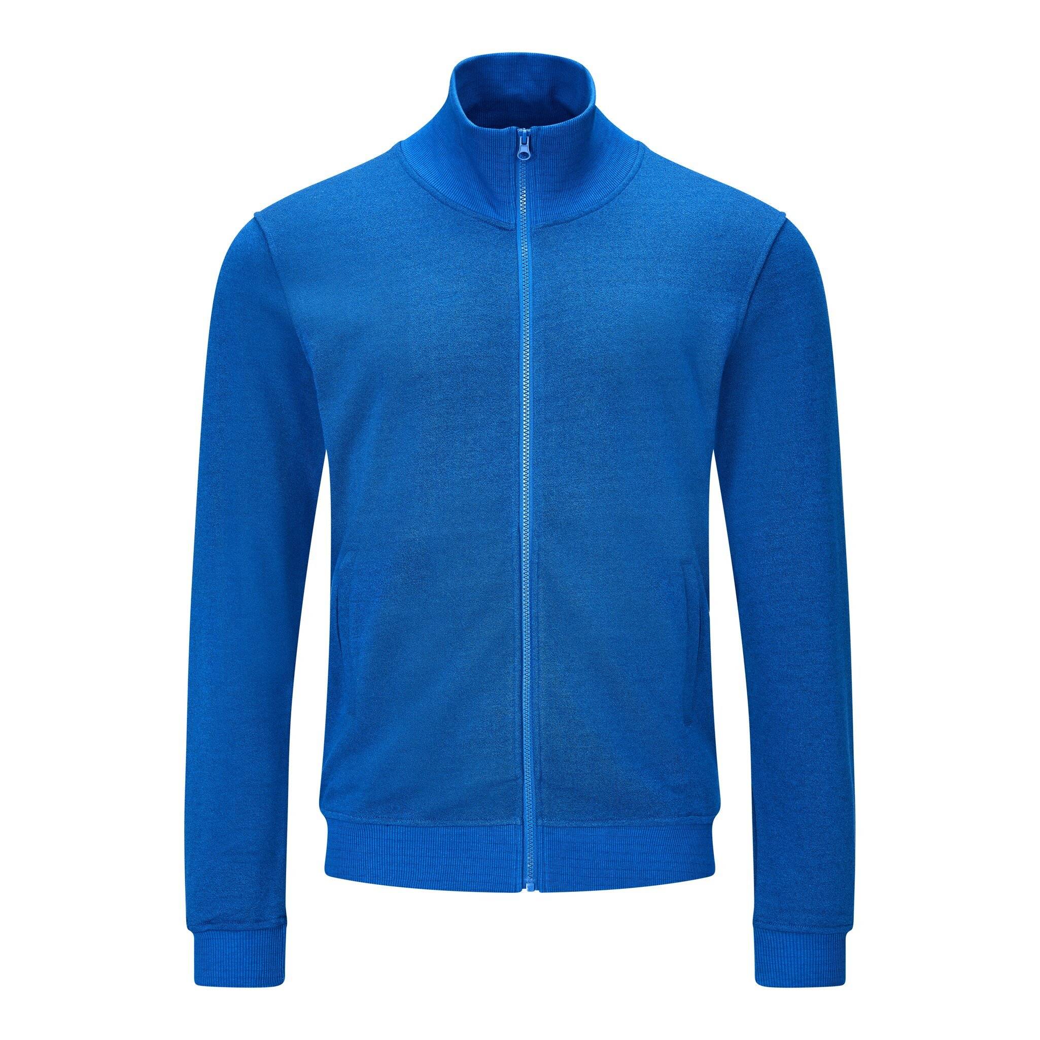 Blauer Reißverschluss-Jacke mit hohem Kragen und langen Ärmeln, Vorderansicht auf einfachem weißem Hintergrund.