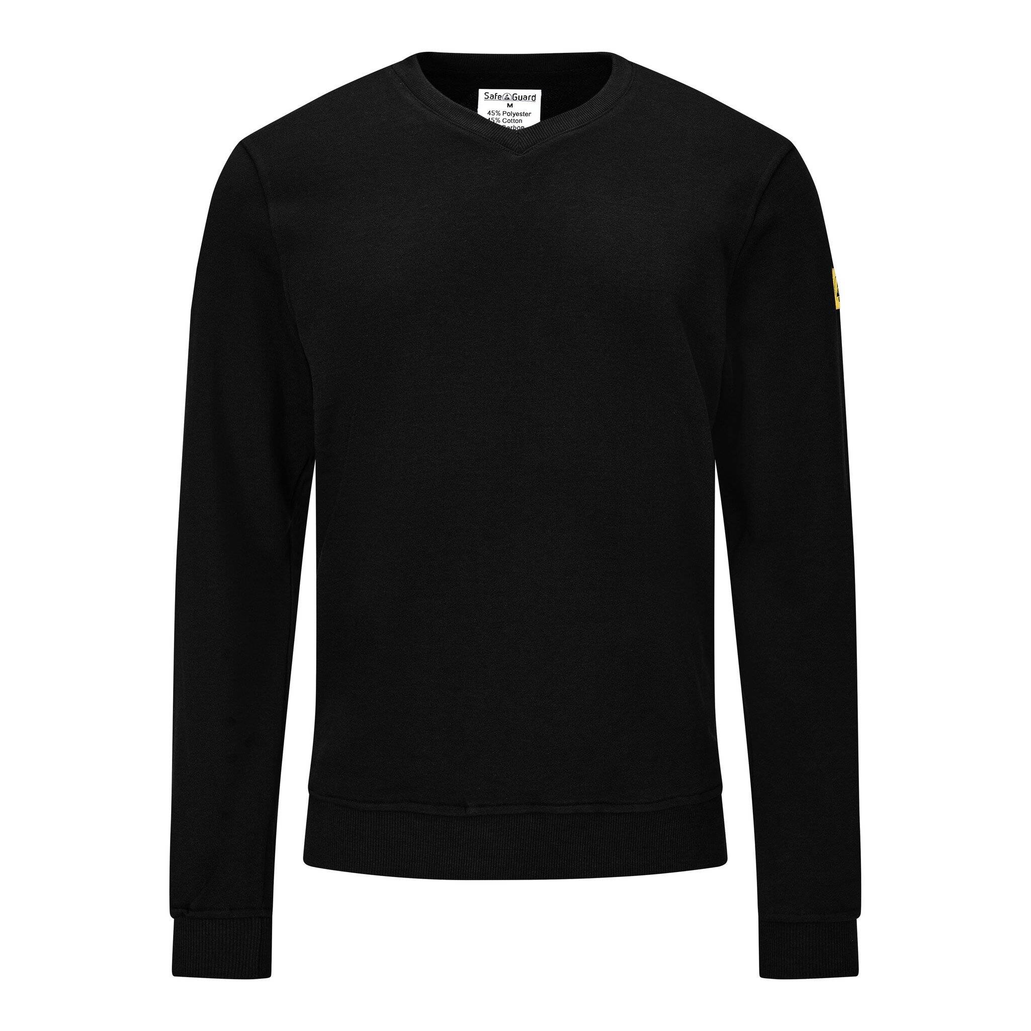 Schwarzer Pullover mit langen Ärmeln und Rundhalsausschnitt mit kleinem Logo-Aufnäher auf dem rechten Ärmel, Vorderansicht auf weißem Hintergrund.