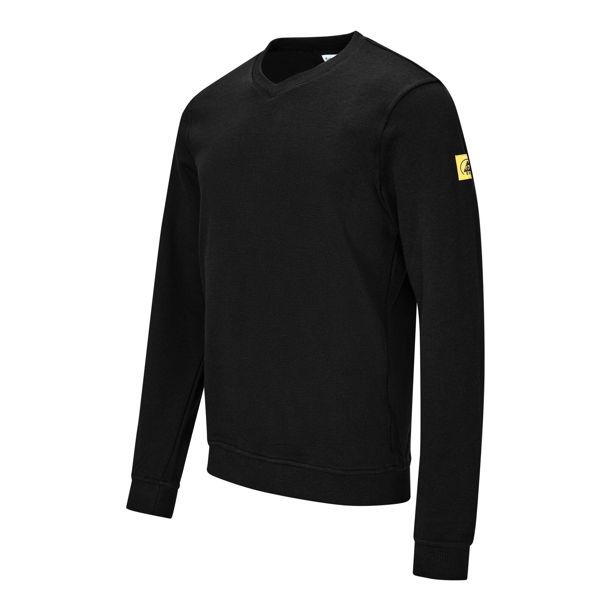 Schwarzer Langarm-Pullover mit Rundhalsausschnitt und kleinem gelbem Logo-Patch am linken Ärmel.