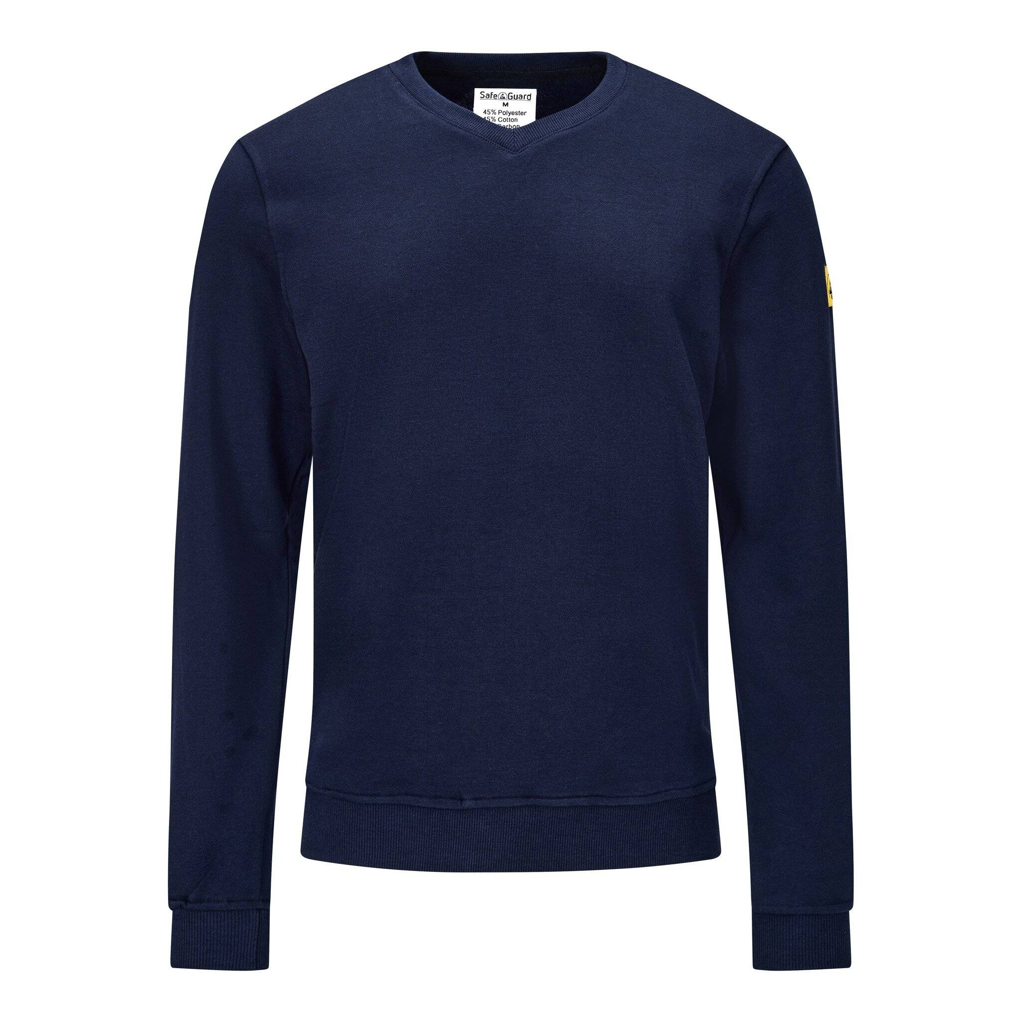 Marineblaues Langarm-Crewneck-Shirt in Vorderansicht auf einfachem weißem Hintergrund dargestellt.