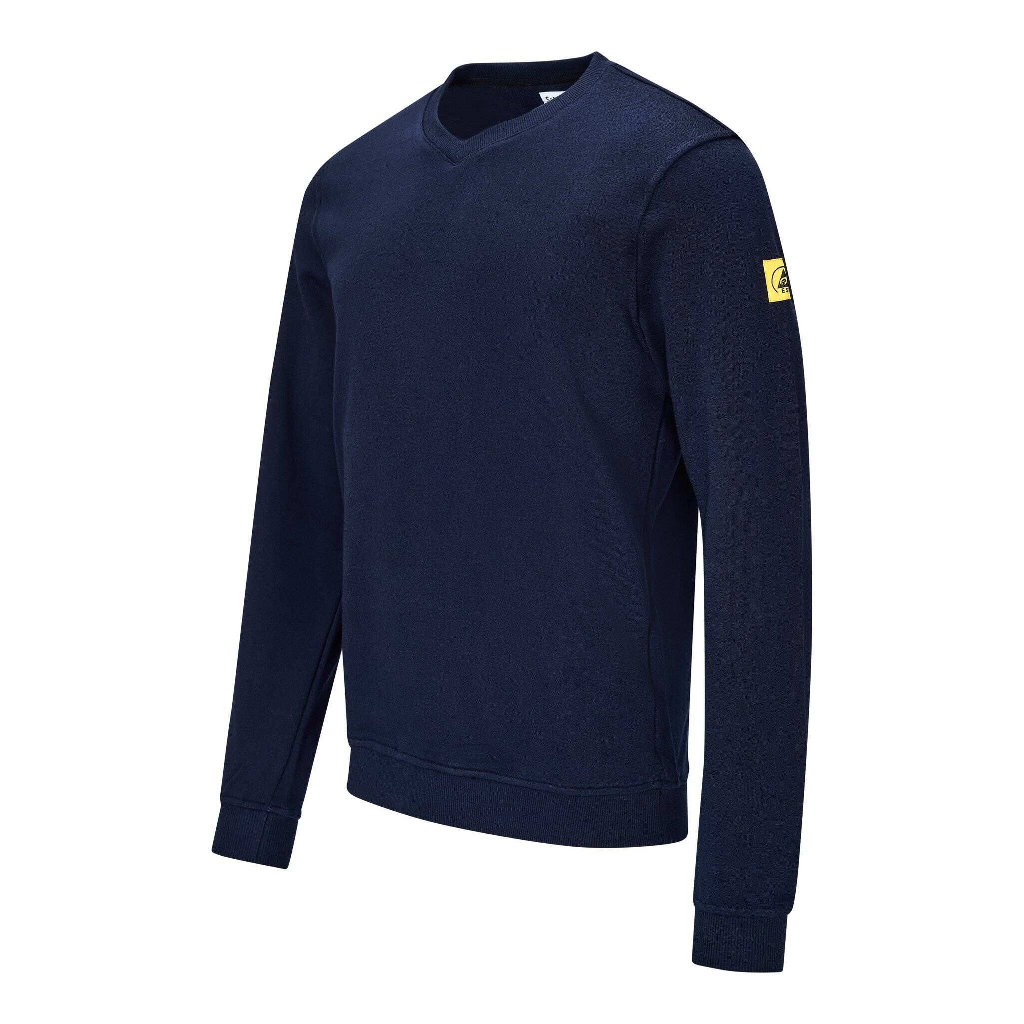 Dunkelblaues Langarm-Sweatshirt mit V-Ausschnitt und kleinem gelbem Patch auf dem Oberarm, vor weißem Hintergrund abgebildet.
