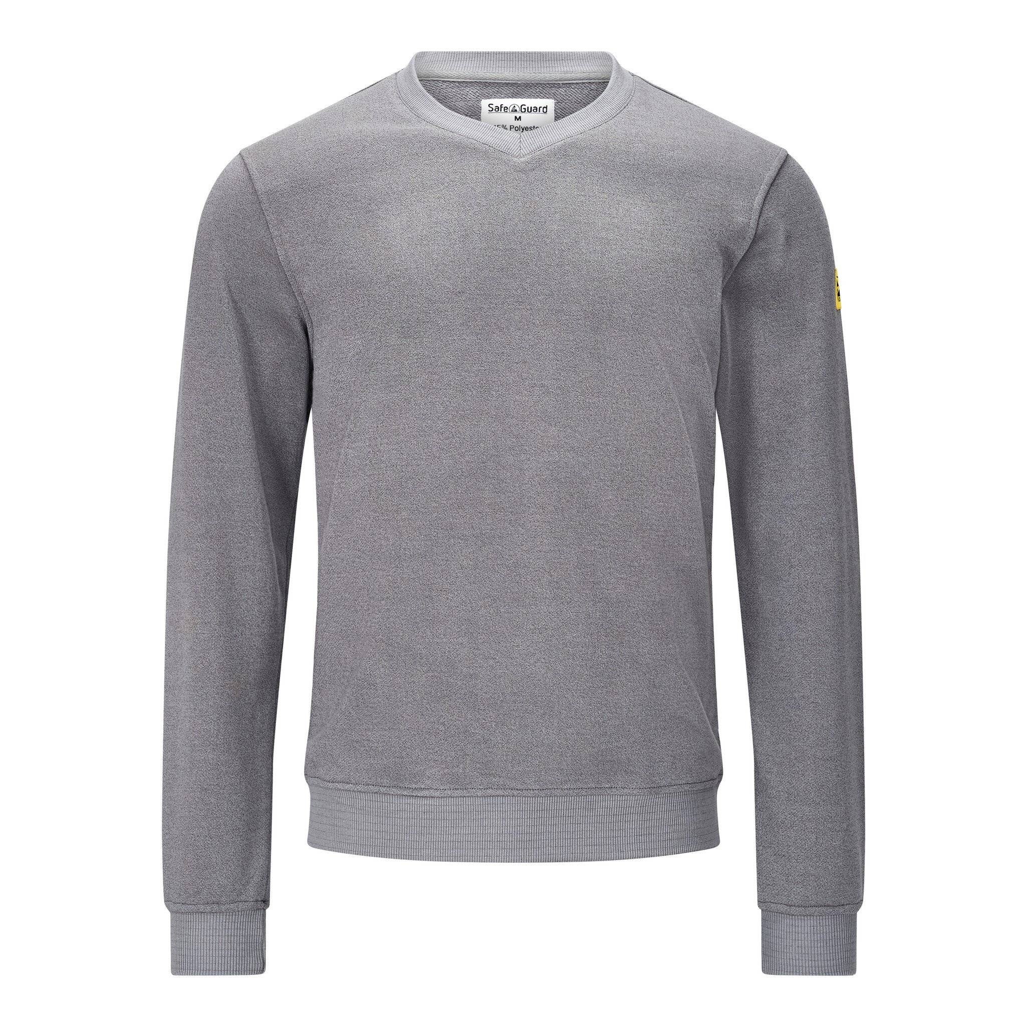 Graues Langarm-Crewneck-Arbeitshemd mit gerippten Bündchen und Saum, Vorderansicht auf weißem Hintergrund.
