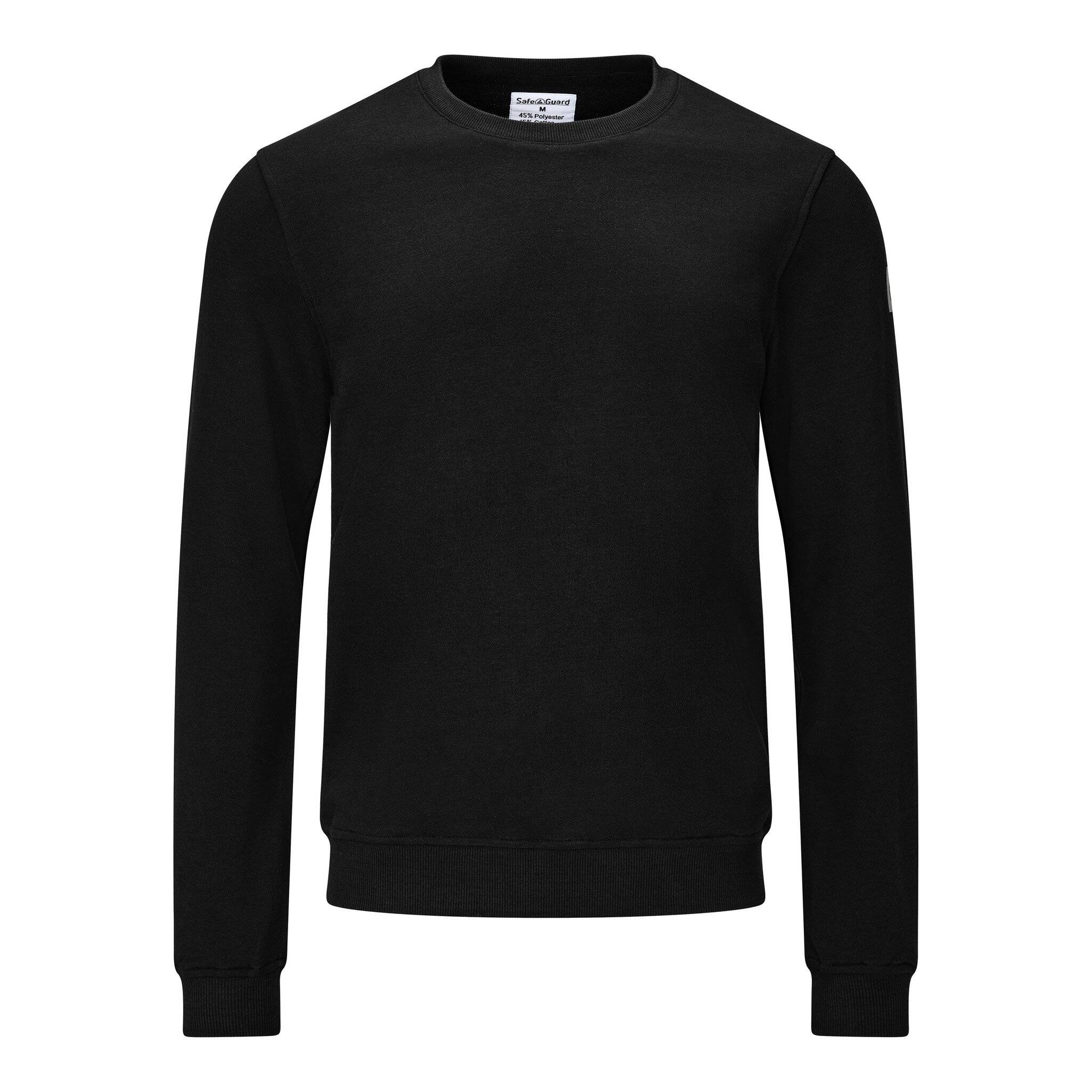Schwarzes Langarm-Sweatshirt mit Rundhalsausschnitt, Vorderansicht auf einfachem weißem Hintergrund.
