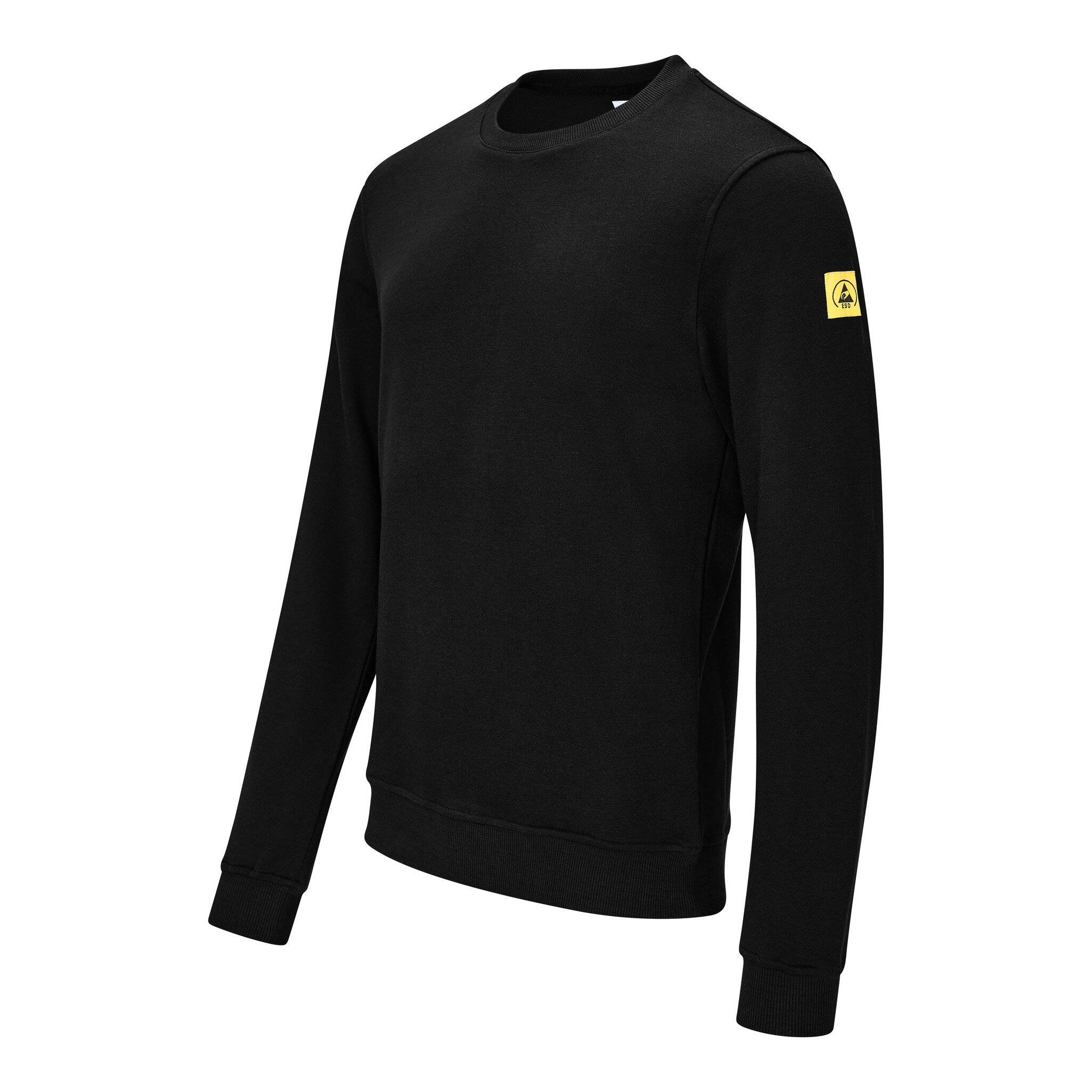 Schwarzes Langarm-T-Shirt mit Rundhalsausschnitt und kleinem gelbem Logo-Patch auf der oberen linken Ärmelseite, auf weißem Hintergrund gezeigt.