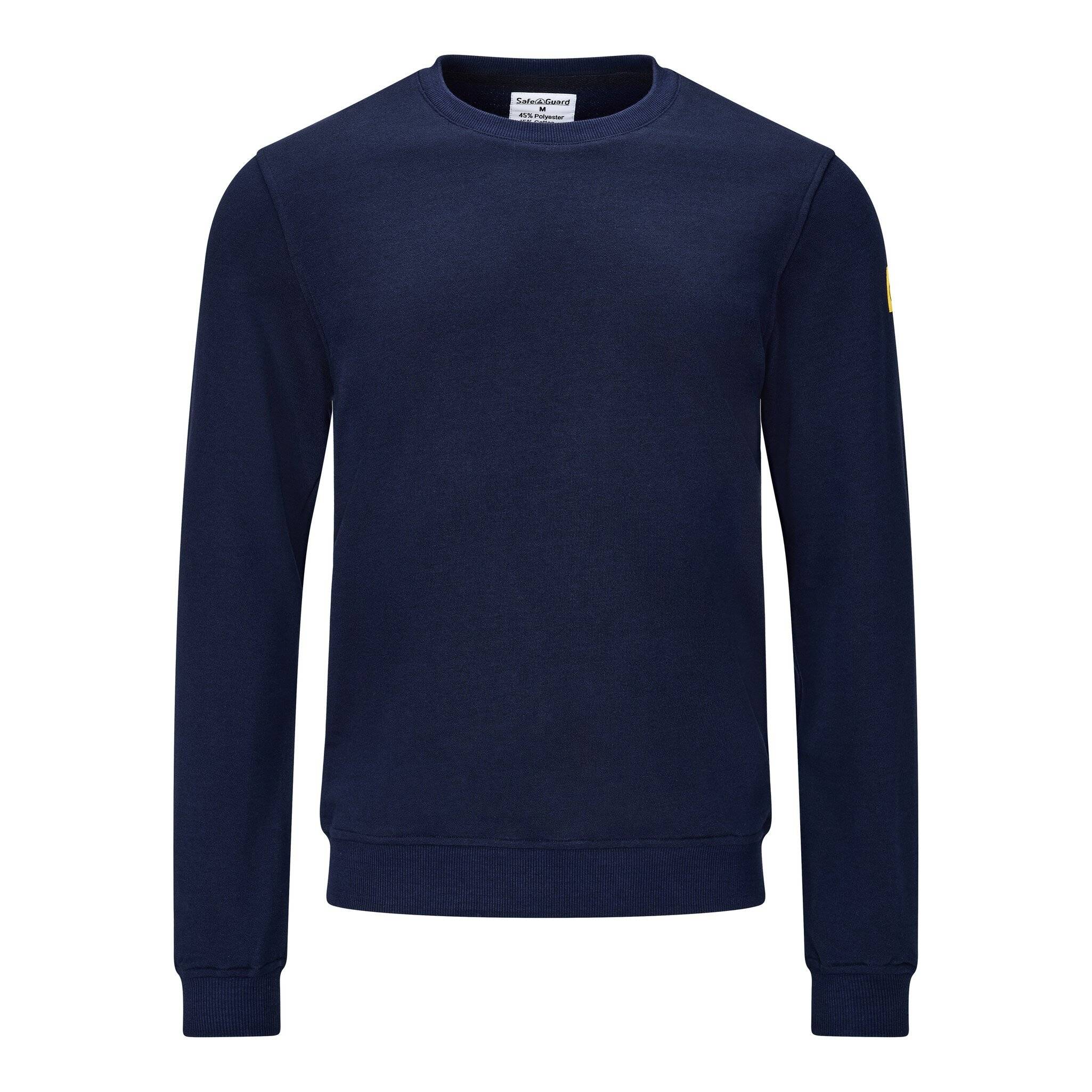 Marine Langarm-Rundhals-Pullover, flach auf weißem Hintergrund dargestellt.
