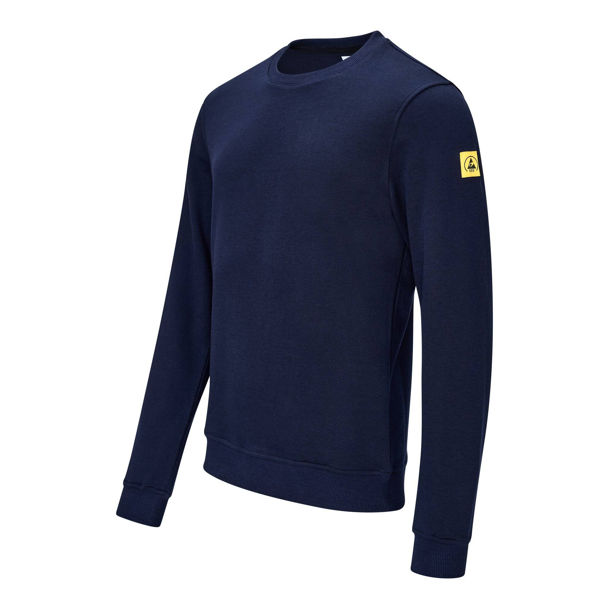 Marineblaues Langarm-Crewneck-Shirt mit kleinem gelbem Logo-Patch auf der oberen linken Ärmeln, vor weißem Hintergrund gezeigt.