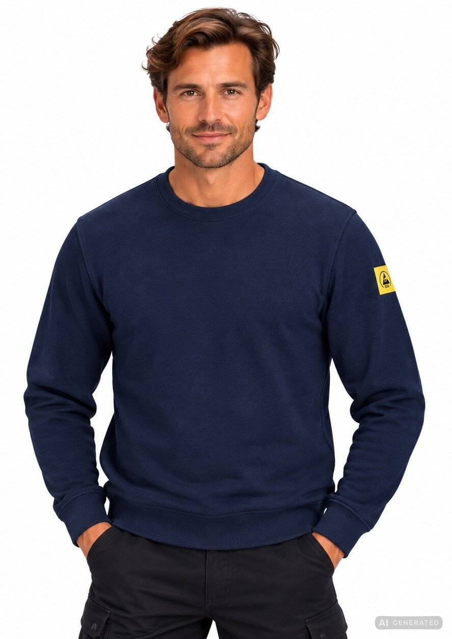 Porträt eines lächelnden Mannes, der einen dunkelblauen Langarm-Sweatshirt und schwarze Hosen vor weißem Hintergrund trägt, mit den Händen in den Taschen.