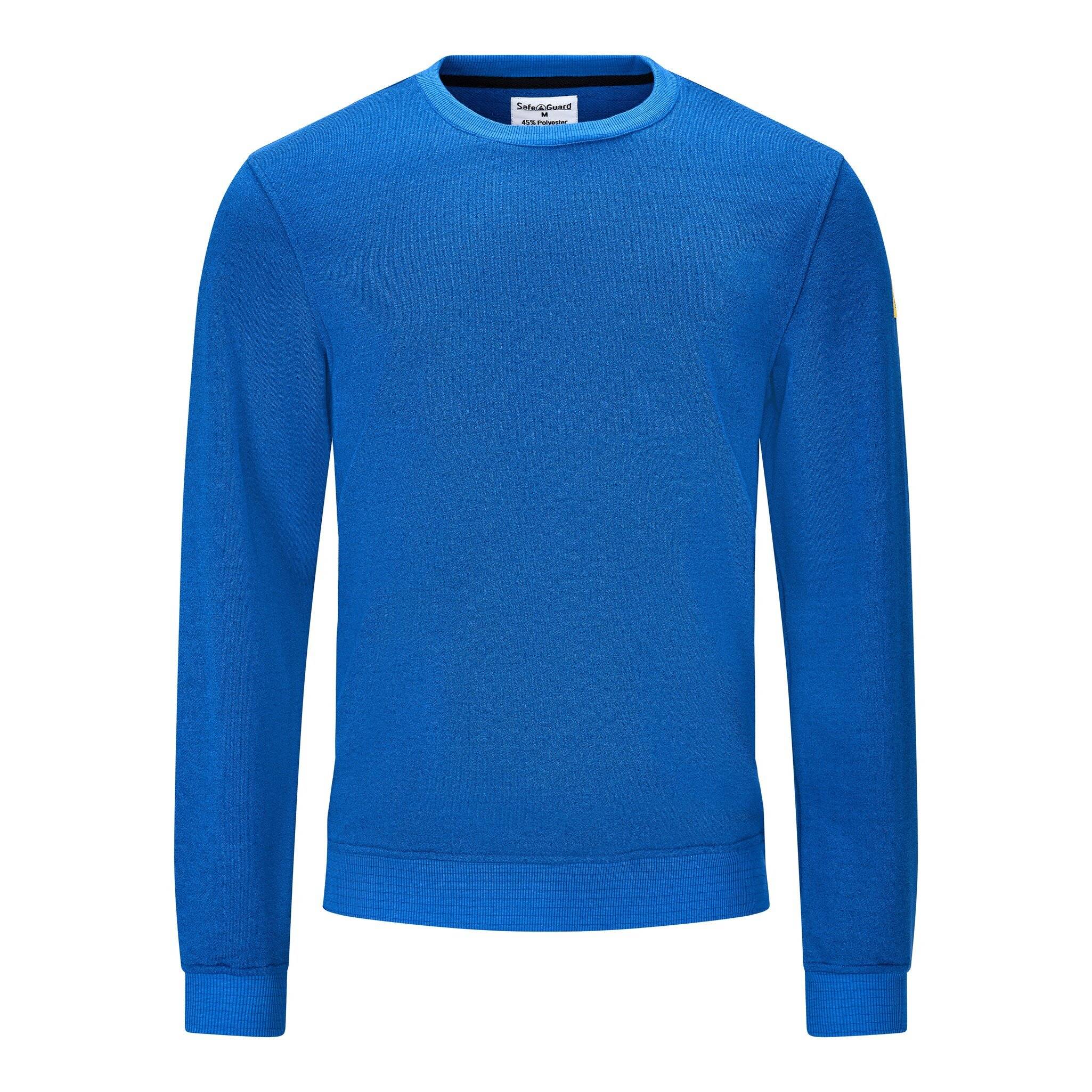 Blaues Langarm-Rundhals-Shirt von vorne auf weißem Hintergrund abgebildet.