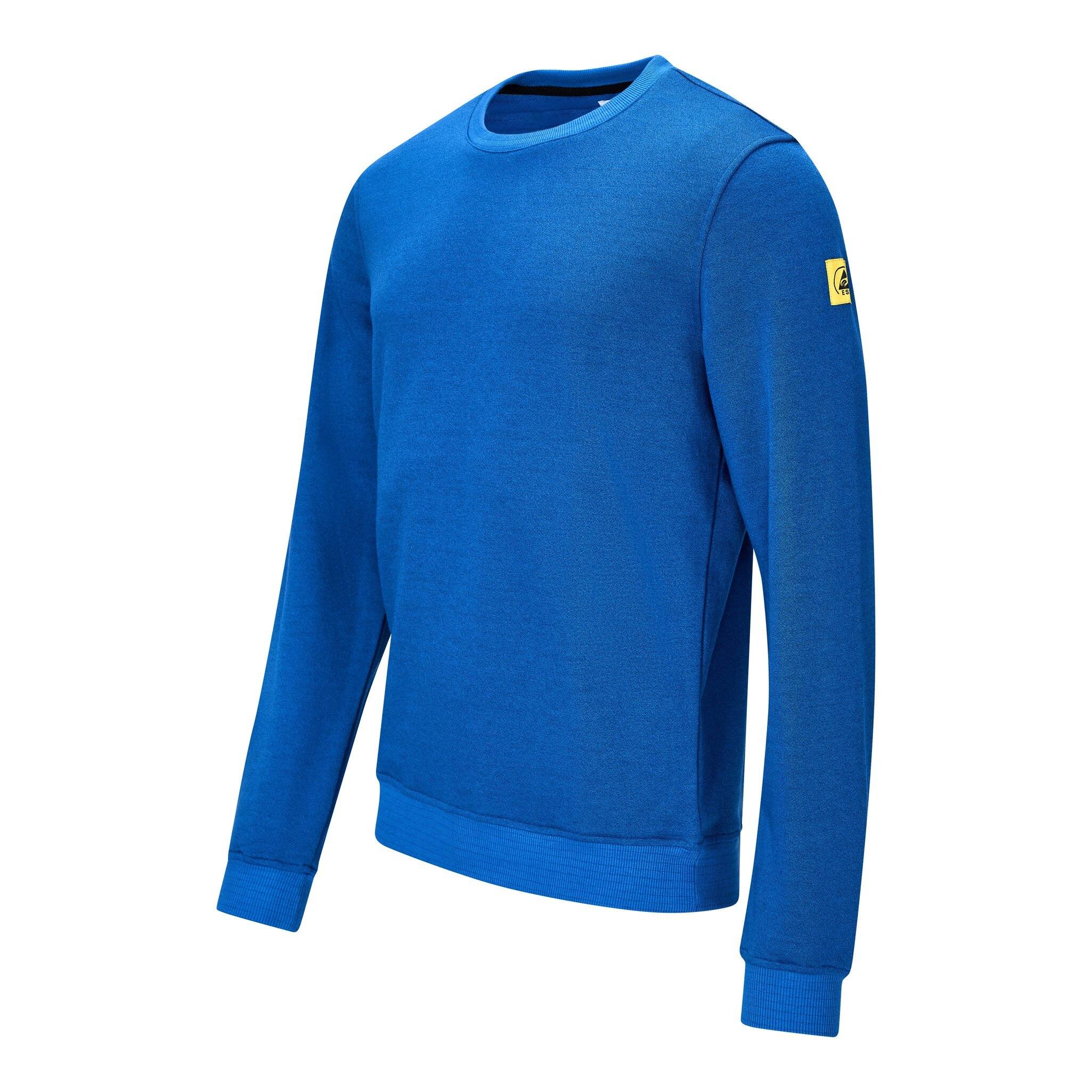 Blauer Sweatshirt mit langen Ärmeln und Rundhalsausschnitt mit einem kleinen gelben Logo-Patch auf dem Oberarm, gezeigt auf weißem Hintergrund.