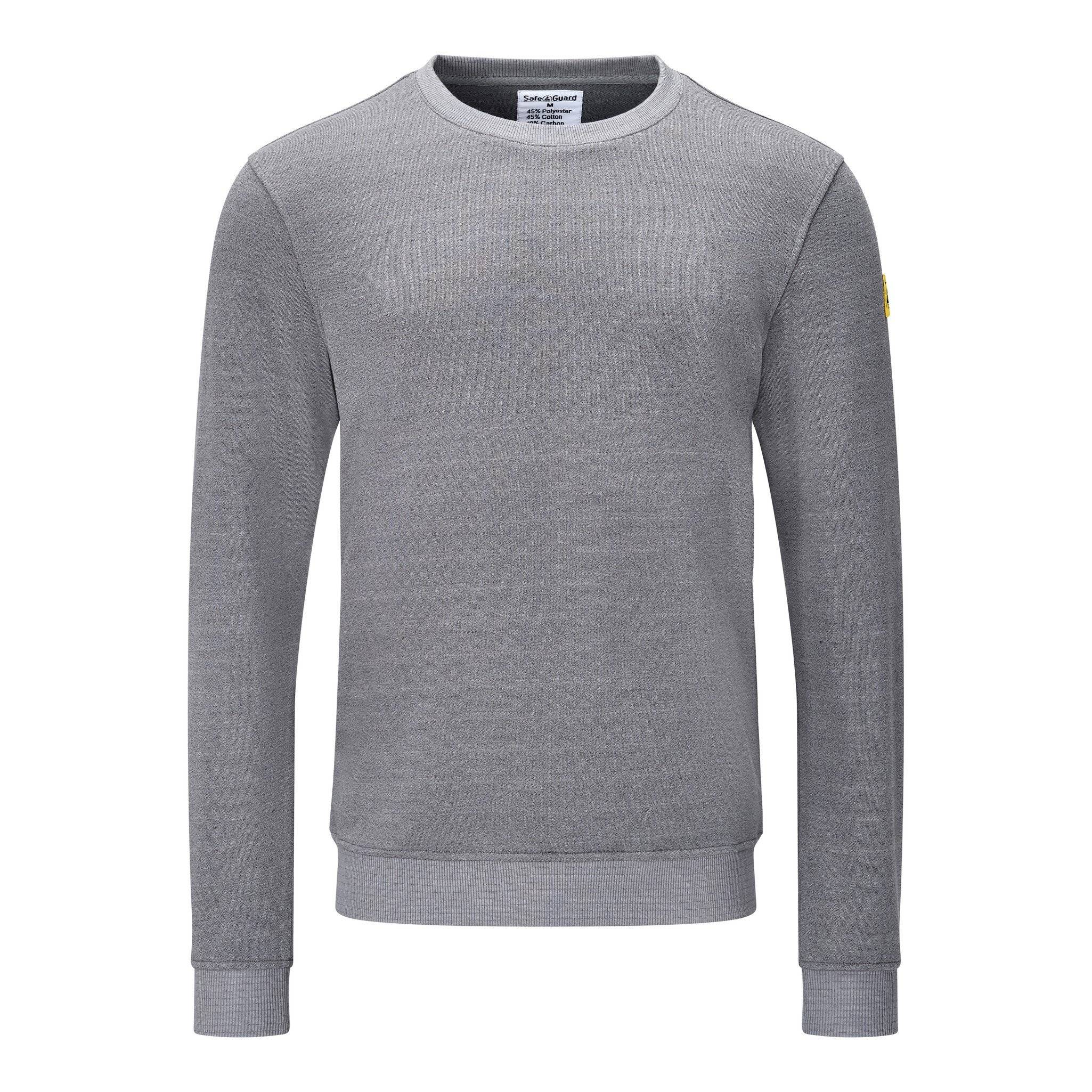 Grauer Sweatshirt mit langen Ärmeln und Rundhalsausschnitt, dargestellt in Vorderansicht auf weißem Hintergrund.