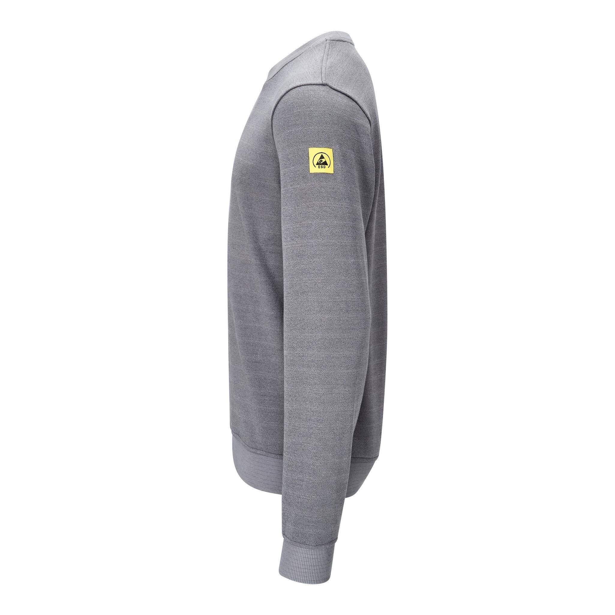 Graues Sweatshirt mit langen Ärmeln, shown in Seitenansicht, mit einem kleinen gelben Logoaufnäher auf dem oberen Ärmel.