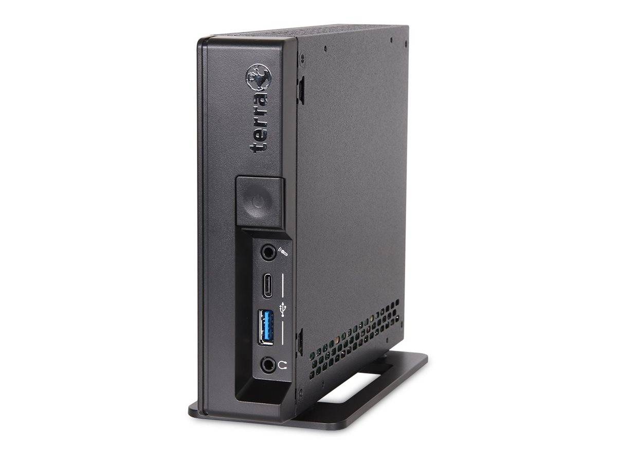 Kompakter schwarzer Terra PC Mini-Tower auf einem Ständer, der die vorderen Anschlüsse und den Netzschalter zeigt, freigestellt auf weißem Hintergrund.