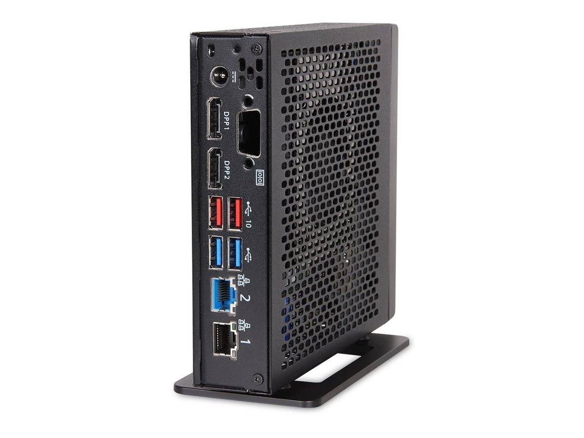 Kompakter Mini-Desktop-PC-Tower auf einem Ständer gezeigt, mit hinteren Anschlüssen einschließlich DisplayPort, USB, Ethernet und Audio-Buchsen.