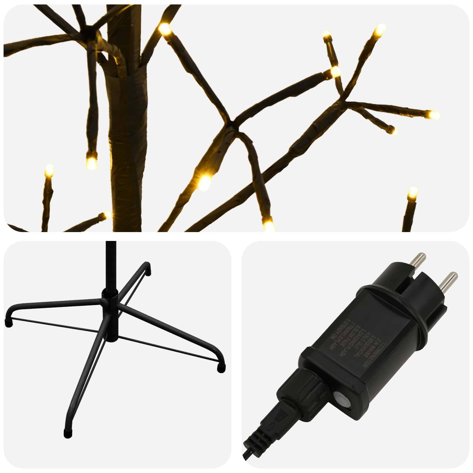 Drei Produktansichten eines beleuchteten dekorativen Baums: leuchtende Astanzeige, schwarzer Ständer und Stromadapterstecker.