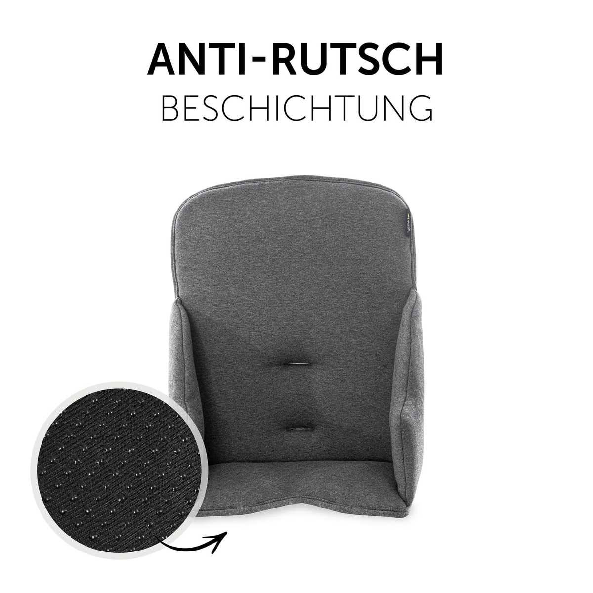 Grauer Sitzkissenbezug mit rutschfester Beschichtung, gezeigt mit einer Nahaufnahme des strukturierten Rückens im Einsatz und einem Pfeil, der darauf zeigt.