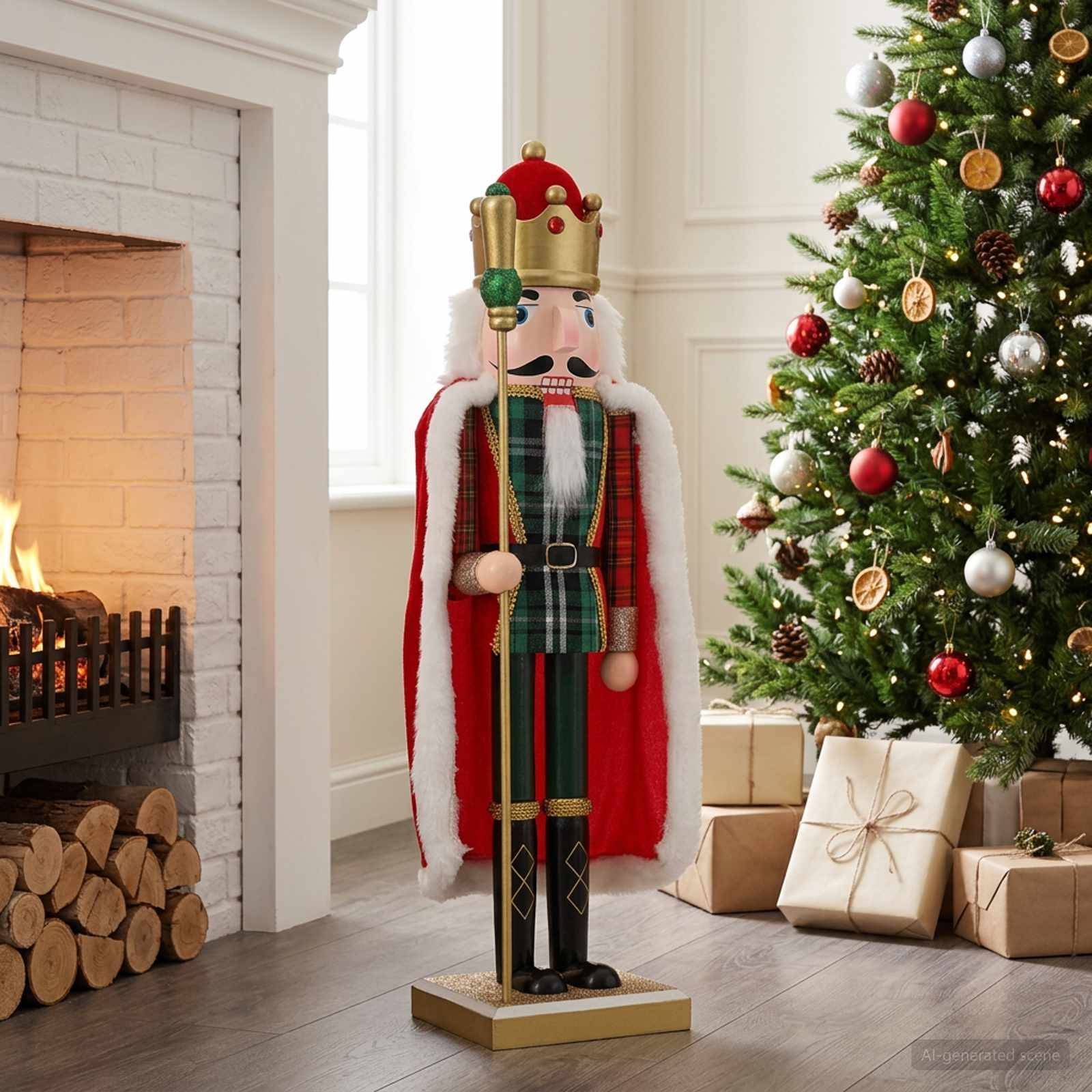 Die Nussknacker-Figur steht neben einem geschmückten Weihnachtsbaum und eingepackten Geschenken in einem festlichen Wohnzimmer mit einem Kamin.