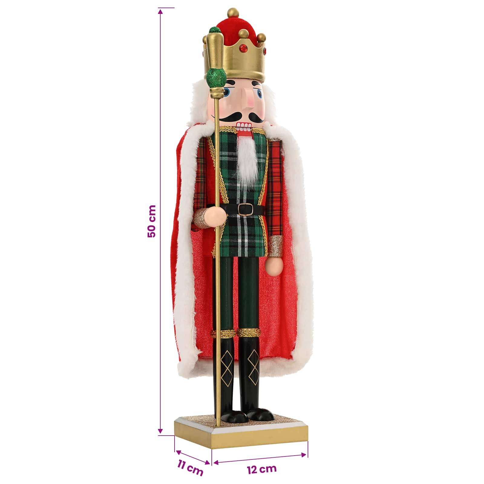 Dekorative Nussknacker-Soldatenfigur mit Krone und rotem Umhang, auf einem Sockel mit den Maßen 50 cm Höhe und 12 cm Breite.