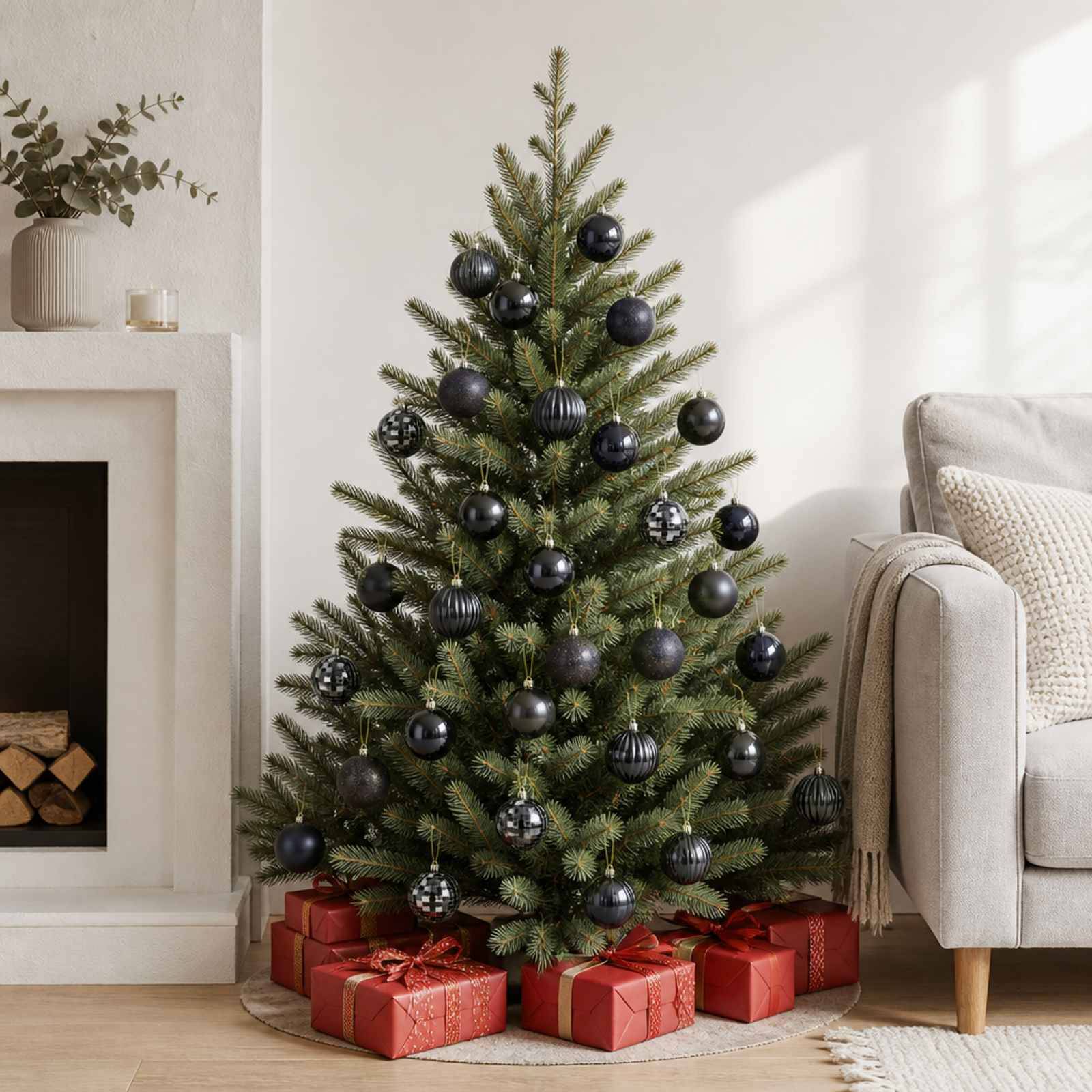 Ein geschmückter Weihnachtsbaum mit schwarzen Kugeln und rot verpackten Geschenken steht neben einem beigen Sofa in einem hellen Wohnzimmer.