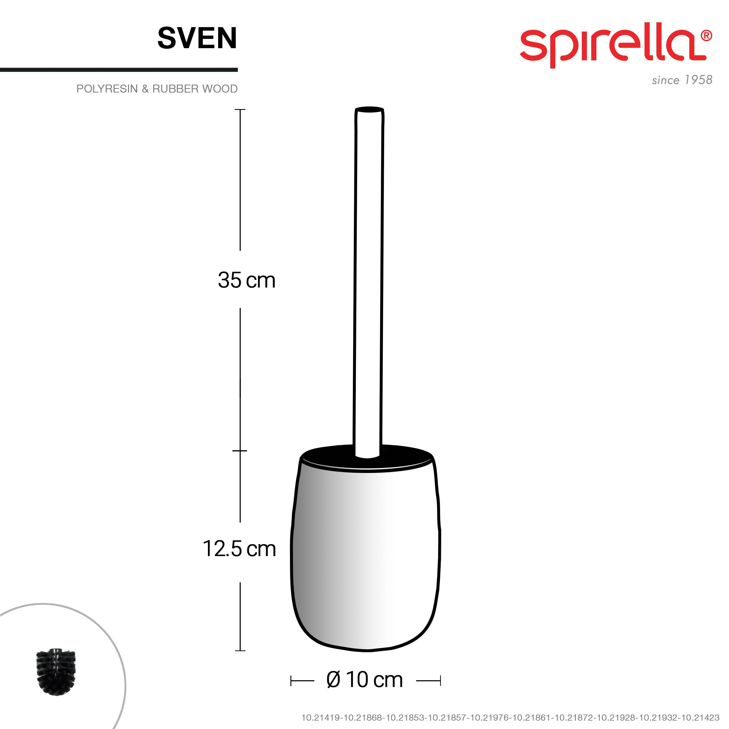 Produktdiagramm des Sven Toilettenbürstenhalters von Spirella, das einen weißen zylindrischen Behälter mit schwarzem Bürstengriff zeigt; Abmessungen 35 cm Höhe, 12,5 cm Behälter, 10 cm Durchmesser.